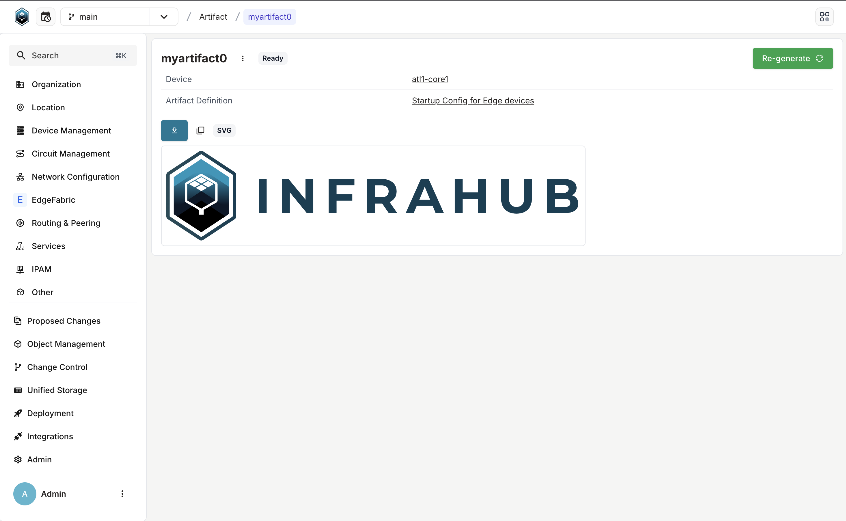 "Example screenshot of Infrahub 1.1.6 showing an artifact of SVG type."